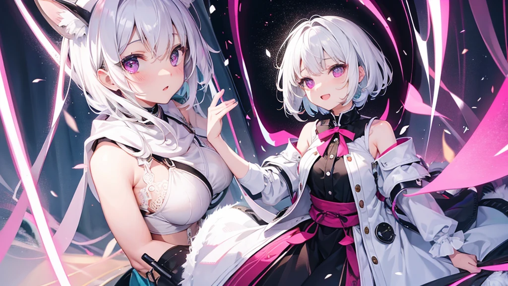 White Hair Girl、Pink Eyes、Short Hair、Only one girl、Night、In the bedroom、Blushing、laughing、Excited、Just One