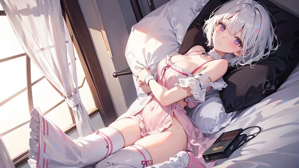 White Hair Girl、Pink Eyes、Short Hair、Only one girl、Night、In the bedroom、Blushing、laughing、Excited、Just One