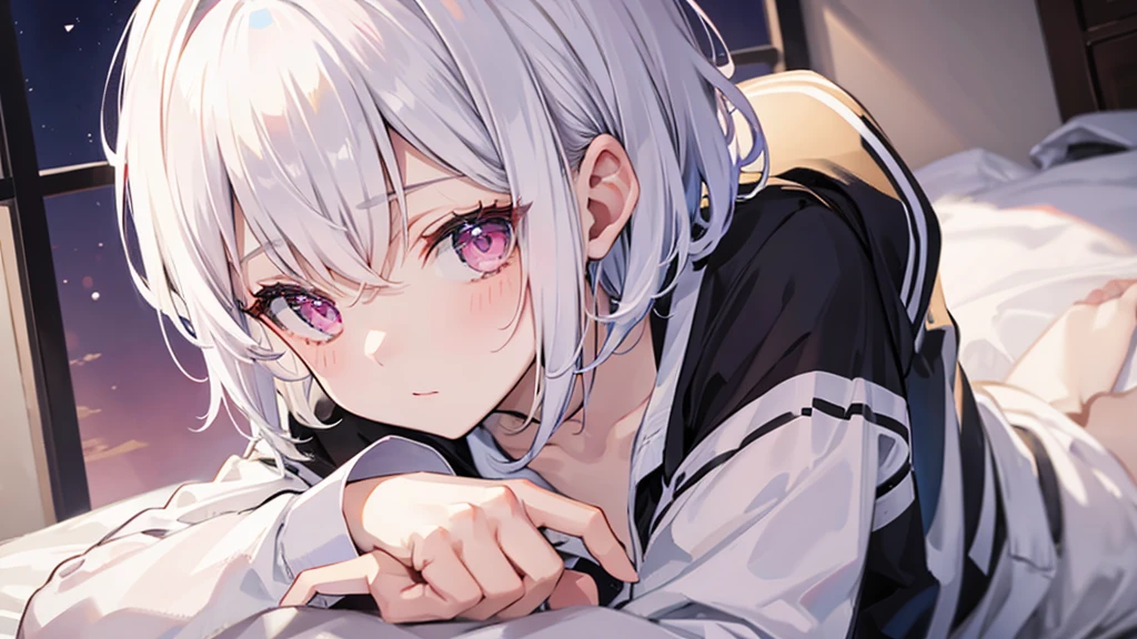 White Hair Girl、Pink Eyes、Short Hair、Only one girl、Night、In the bedroom、Blushing、laughing、Excited、Just One