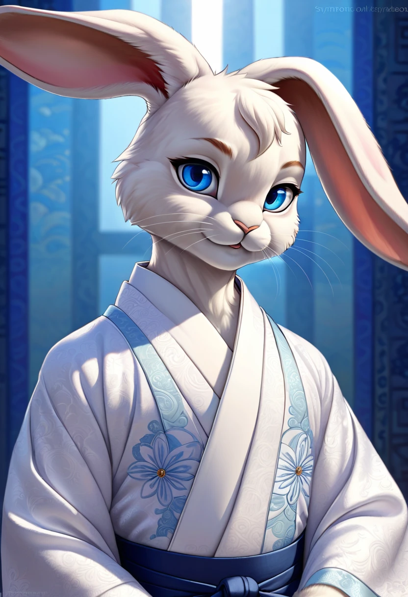 High quality, Extremely detailed, (furry) ((rabbit)) male, blue eyes, symmetrical perfect face fine detail, White kimono