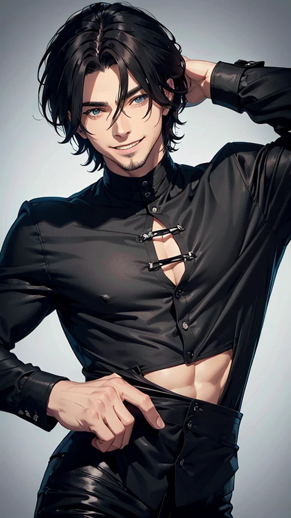 naughty man, in black clothes. Grinning . selfe. naughty man de cabelo curto.