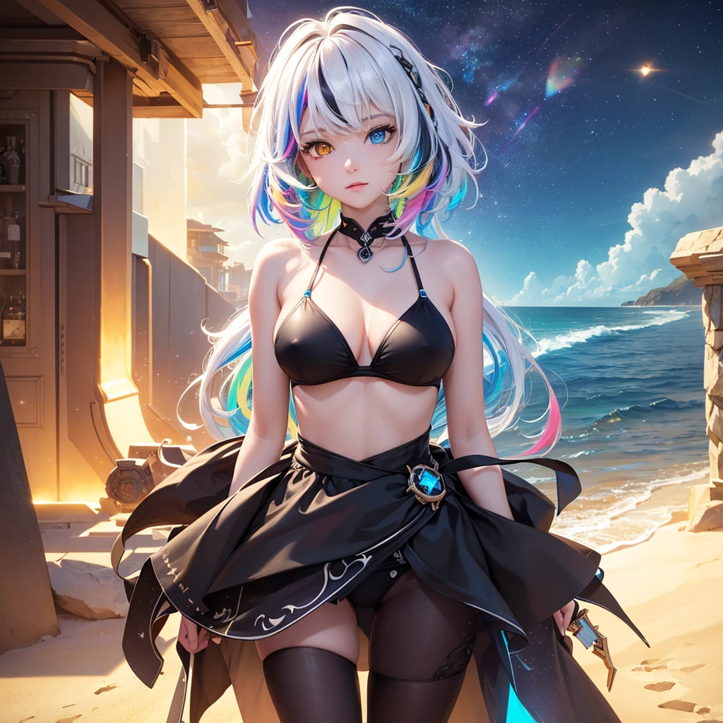 {{masterpiece}}, best quality, extremely detailed CG unity 8k wallpaper, cinematic lighting, lens flare, beautiful detail eyes, black,  side glance,  multicolor short white hair, colorful light, particles, heterochromia, (colorful:1.5), (colorful hair:1.5), futuristic , beach view,