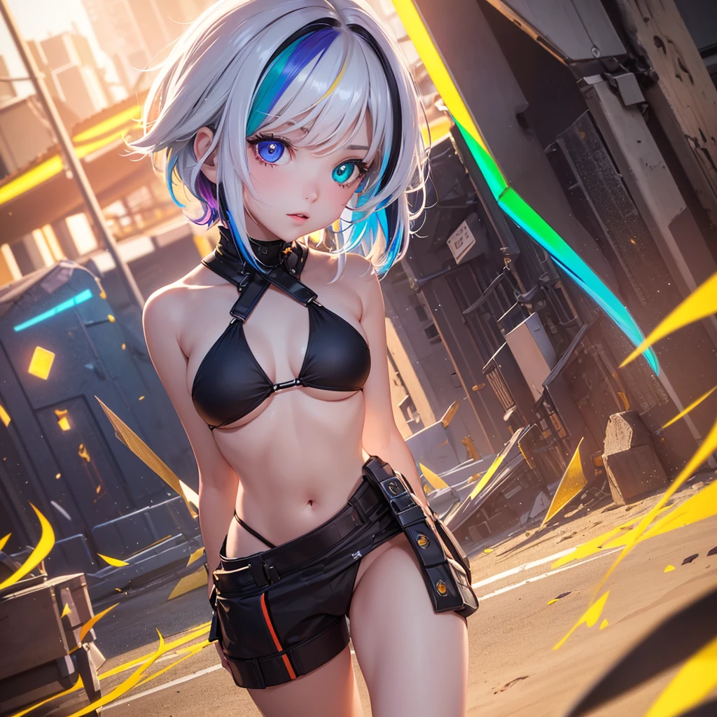 {{masterpiece}}, best quality, extremely detailed CG unity 8k wallpaper, cinematic lighting, lens flare, beautiful detail eyes, black, side glance, multicolor short white hair, colorful light, particles, heterochromia, (colorful:1.5), (colorful hair:1.5), futuristic bikini, beach view,