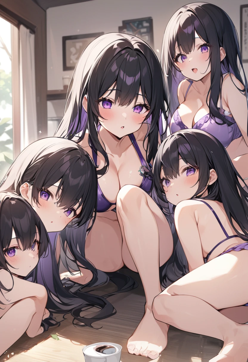 Wearing a purple bikini、barefoot。hair is black、Purple eyes。Breasts are K cup。The skin is white and、Long hair。Has one brother and one sister。My sister has an E cup。All of them have black hair。6 siblings。It's like diving into the ocean and looking at the coral reefs and fish.。in the sea。My brother is wearing a purple diving suit.。I have one older brother.。I have five sisters.。All six people, including myself。My sister is 13 years old、My brother is 15 years old。At the sea。