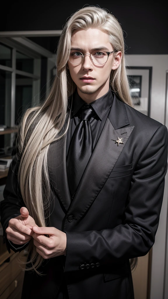 an attractive handsome man, long hair to the shoulders, platinum gray, dark eyes, platinum blond goatee, retrofuturistic gold vintage glasses, with gray and black butler costume, with retrofuturistic style, background a retrofuturistic laboratory with PC