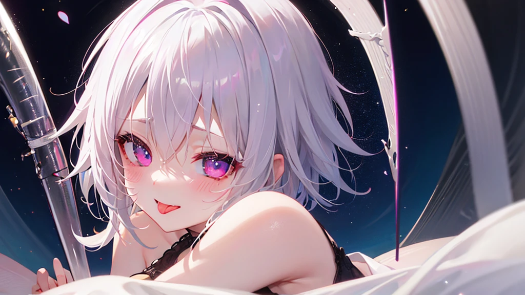 White Hair、Pink Eyes、Short Hair、laughing、Only one girl、alone、Cute、Face is close、Night、laughing、At the bed、Blushing、Erotic、Stick your tongue out、Only one person、Sweating、Excited