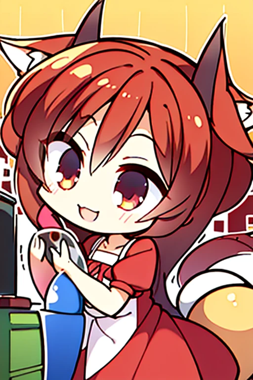 A red haired fox woman with a left red eye and right blue eye with an hourglass figure with red fox ears and a red fox tail in a cute summer dress is shopping at a grocery store with a big smile