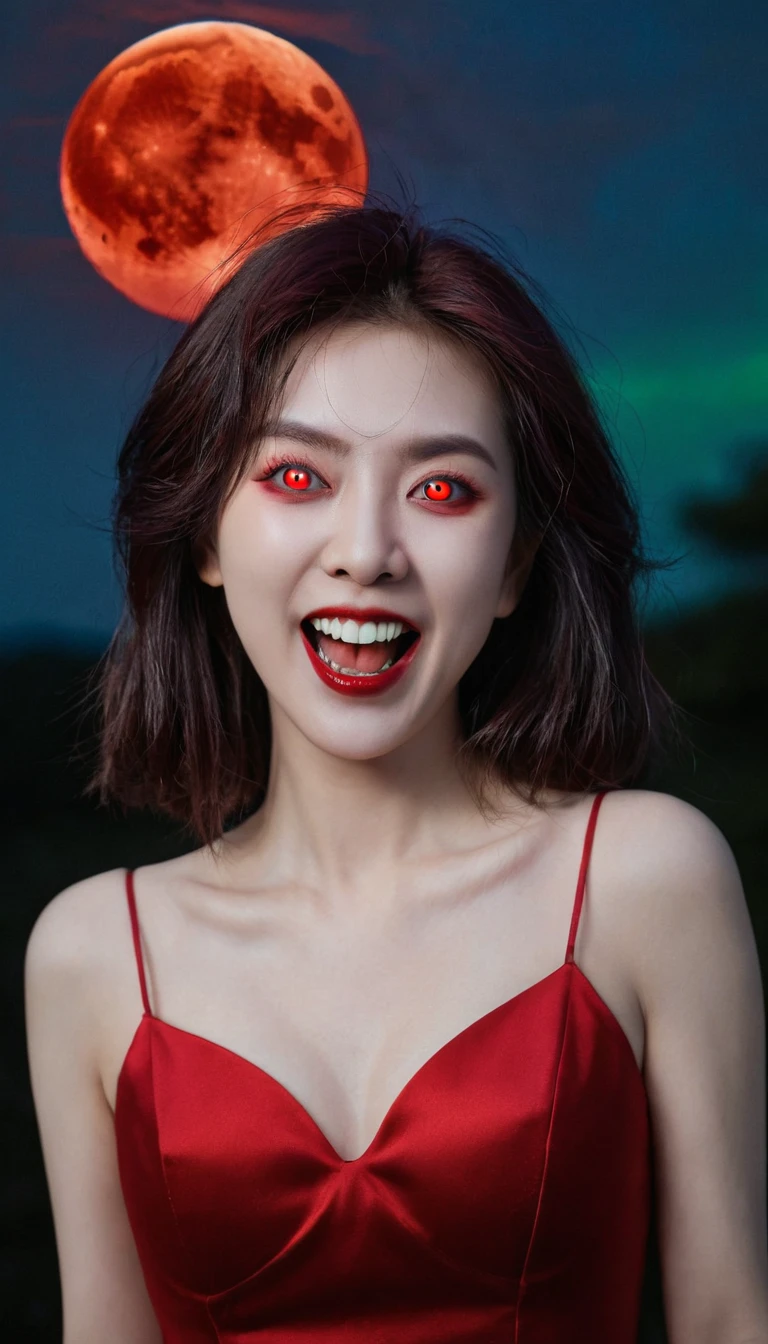 Red Eyes, vampire 牙齿 尖牙, bad face, Mouth, giggle,Batwing, scary smile, psychopathic giggle, Sick smile, scary, mouth, Angry eyes, vampire, Dark sky background, Red + blue + green, glowing Red moon