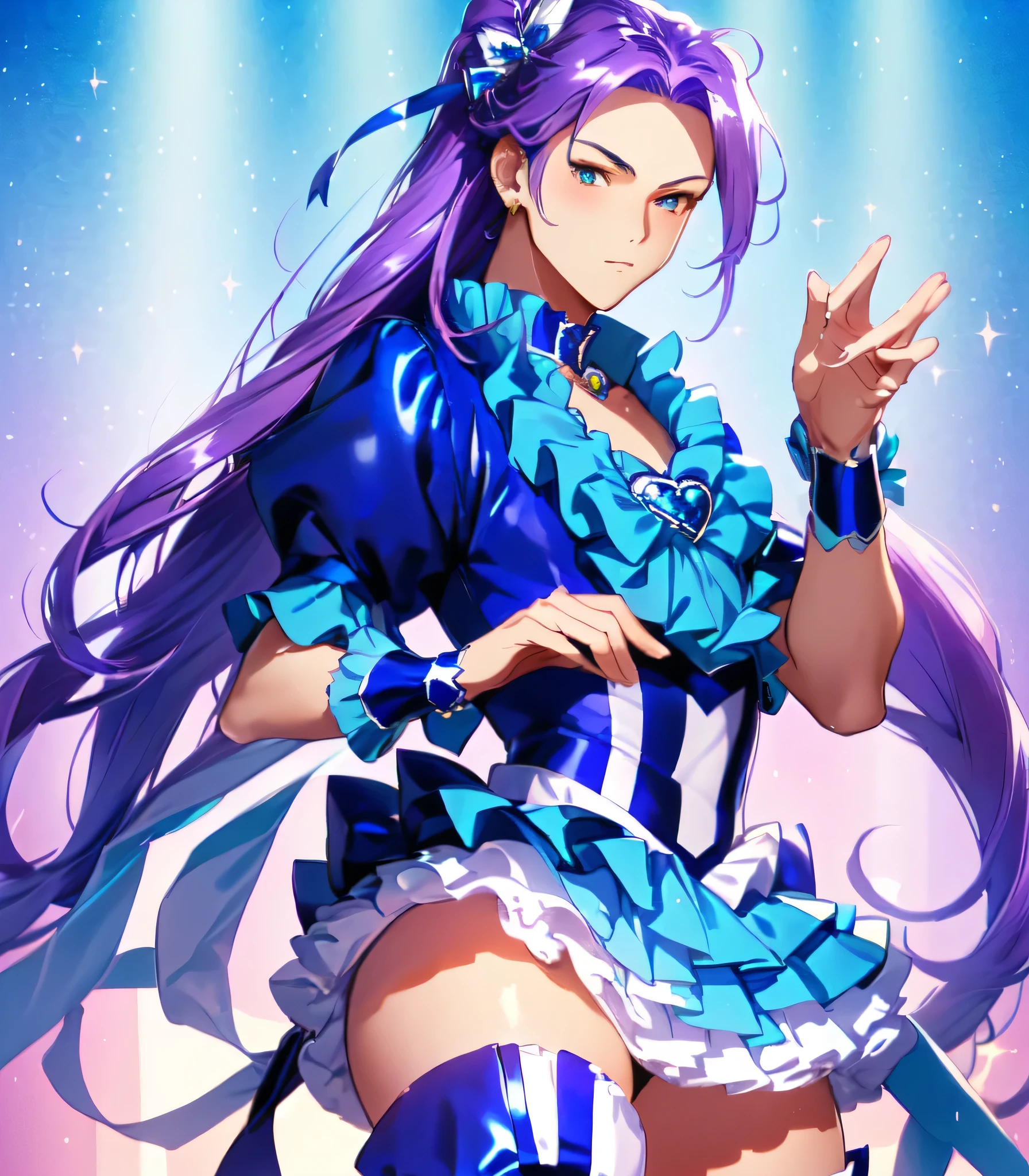 Cartoon drawing of a boy wearing a purple and blue one-piece dress with a blue ribbon and a jewelry brooch、He has long cyan-purple hair、Boy with long purple hair、Yellow eyed boy、hair ornament、One-sided up-up hair、style of Magic Boy、Long legs、Blue layered ruffle mini skirt、Blue thigh-high boots、Blue heel boots、Puffy, round sleeves、Blue Arm Warmer、portrait of Magic Boy、Full body close-up、sparkling Magic Boy、Dress Up Darling Anime、Heavenly Aura、Cool anime boys、Blue&#39;s iconic character、Sapphire Prince、Magic Boy、Official character art、A boy is standing、Official Art、Official Artwork、wallpaper!、Cowboy Shot、!!beautiful!!、Brilliant!!、perfect costume、perfect body、perfect hands、perfect arms、perfect leg、(male body:1.3)、
