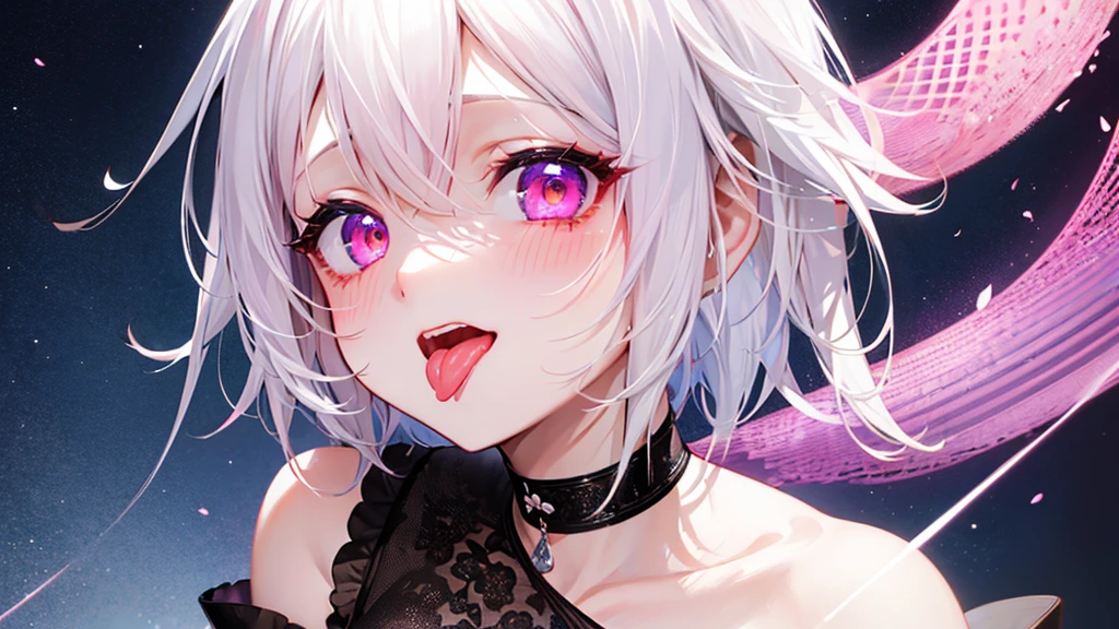 White Hair、Pink Eyes、Short Hair、laughing、Only one girl、alone、Cute、Face is close、Night、laughing、At the bed、Blushing、Erotic、Stick your tongue out、Sweating、Excited
