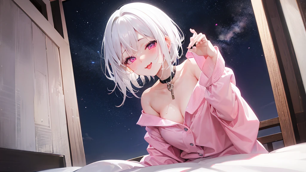 White Hair、Pink Eyes、Short Hair、laughing、Only one girl、alone、Cute、Face is close、Night、laughing、At the bed、Blushing、Erotic、Stick your tongue out、Sweating、Excited