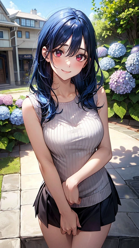 ((Highest quality)), ((High resolution)), ((masterpiece)), (detailed), (photograph),
View your viewers, Cowboy Shot, Written boundary depth, Anatomically correct, Mature Woman, Perfect Face, Cute and symmetrical face, Shiny skin,
(Long Hair, Blue Hair), Hair between the eyes, Red eyes, Long eyelashes, (Big Breasts:0.9),
Beautiful Hair, Beautiful Face, Beautiful details, Beautiful clavicle, Beautiful body, Beautiful breasts, Beautiful thighs, Beautiful legs,
(Sleeveless sweater, White flared skirt),
(Beautiful views), Sun shower, Hydrangea, stage, Hydrangea寺, (Cute Smile),
