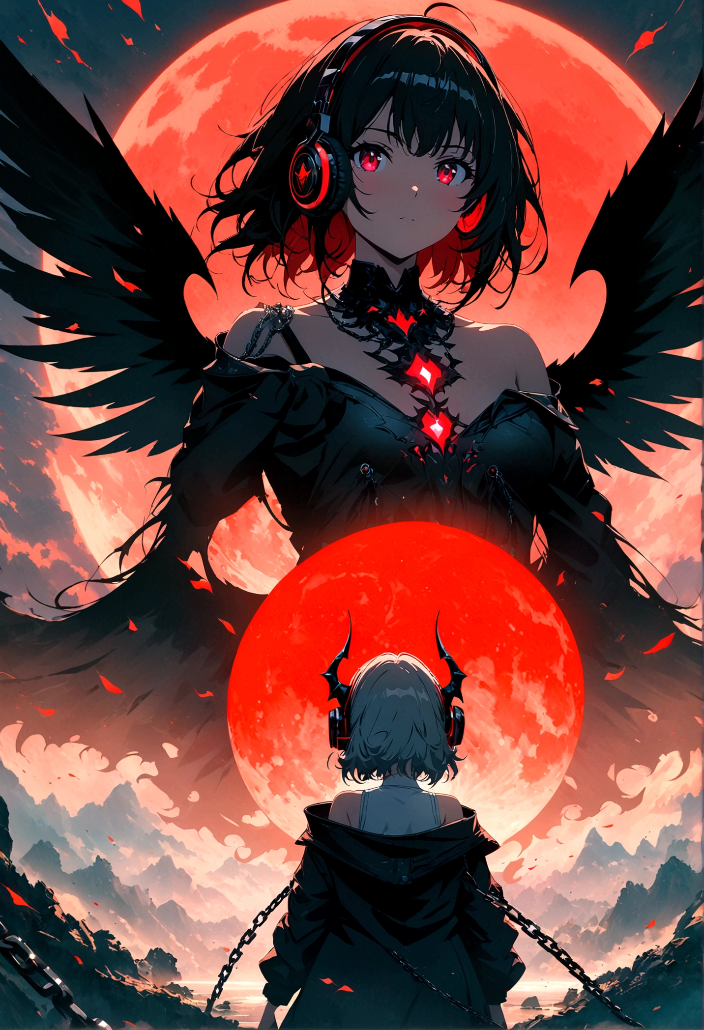 4k anime wallpaper, 4k anime wallpaper, Anime Art Wallpapers 8K, 4K Anime Style, anime art wallpaper 4k, anime art wallpaper 4k, 4k anime wallpaper, Eugeo Art, Detailed digital anime art, ((masterpiece, Highest quality)), (Complex Light), Perfect hands, Normal finger, Hyper Detail, Bright colors.Fantasy manga style demon beautiful girl, silver hair, short, headphones, half wearing dark long coat, off the shoulder, black wings, chain, red moon, otherworldly painting.