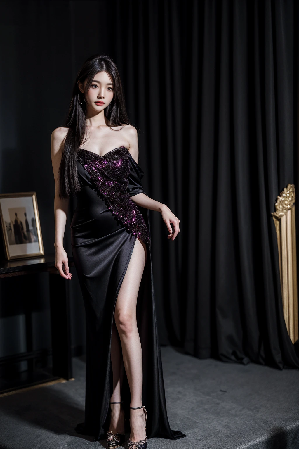 In a beautifully decorated venue,A very delicate and beautiful lady stood gracefully。Her face is delicate,Exquisite makeup,Exudes a charming charm。Dark purple long hair draped over shoulders,Slightly shimmering,Like flowing black silk。She was wearing a sequined hip dress,Highlights her perfect body curves,Elegant and sexy。Red-soled high heels with black,Makes her legs look slender and charming。Beautiful background decoration,It matches her temperament,Create a luxurious and elegant atmosphere。This photography captures her style and charm,As fascinating as a work of art