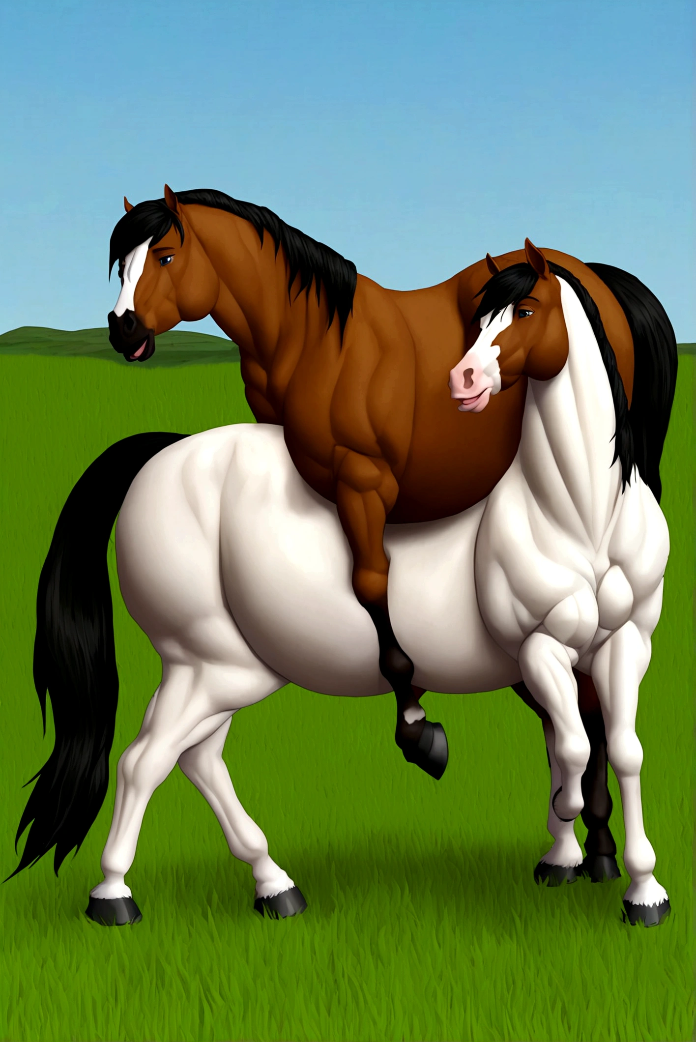 (Two male antro horses with an anatomically correct muscular chest and arms., and his athletic build, They are frotting naked with their big erect penises. their bodies are hairy, with drops of semen dripping down his bulging muscles)