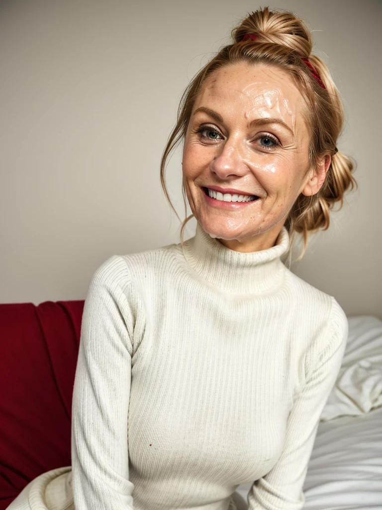 photo of a skinny very old wrinkly-faced faced mature blonde messy long hair thrown into a messy bun ponytail. She wears: (turtleneck soft high ribbed bright red super tight sweater:1.1), submissive seductive pose, high tight ribbed neck, seductive smile, perfect fake tits, horny eager granny, teasing sexy old lady, cum on her face, drenched in cum facial