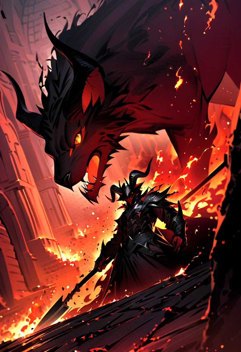 A captivating illustration of a devilish creature with horns, a furry body, and hooves. He stands tall in the fiery depths of Hell, within the temple of Satan. The background showcases an inferno of flames, with lava flows and twisted, tormented souls. The devil wields a pitchfork menacingly, casting an ominous shadow over the scene. The overall atmosphere is dark and foreboding, evoking a sense of fear and awe., illustration, photo