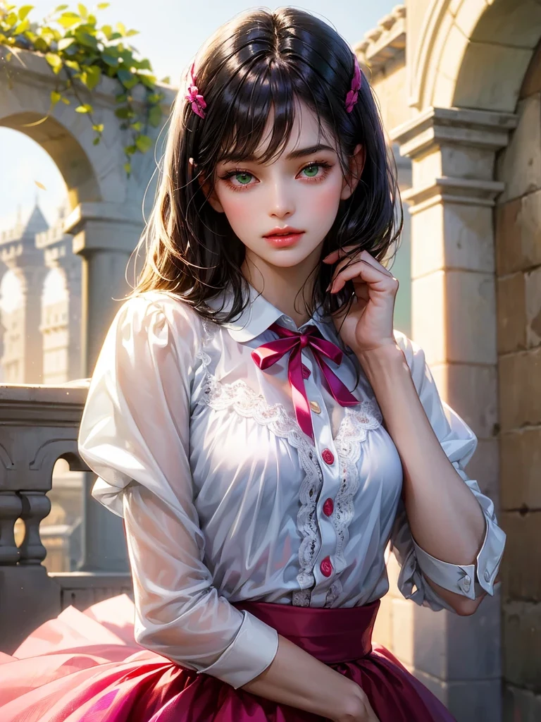 A girl, small breast. She wears a white shirt with a fuchsia ribbon