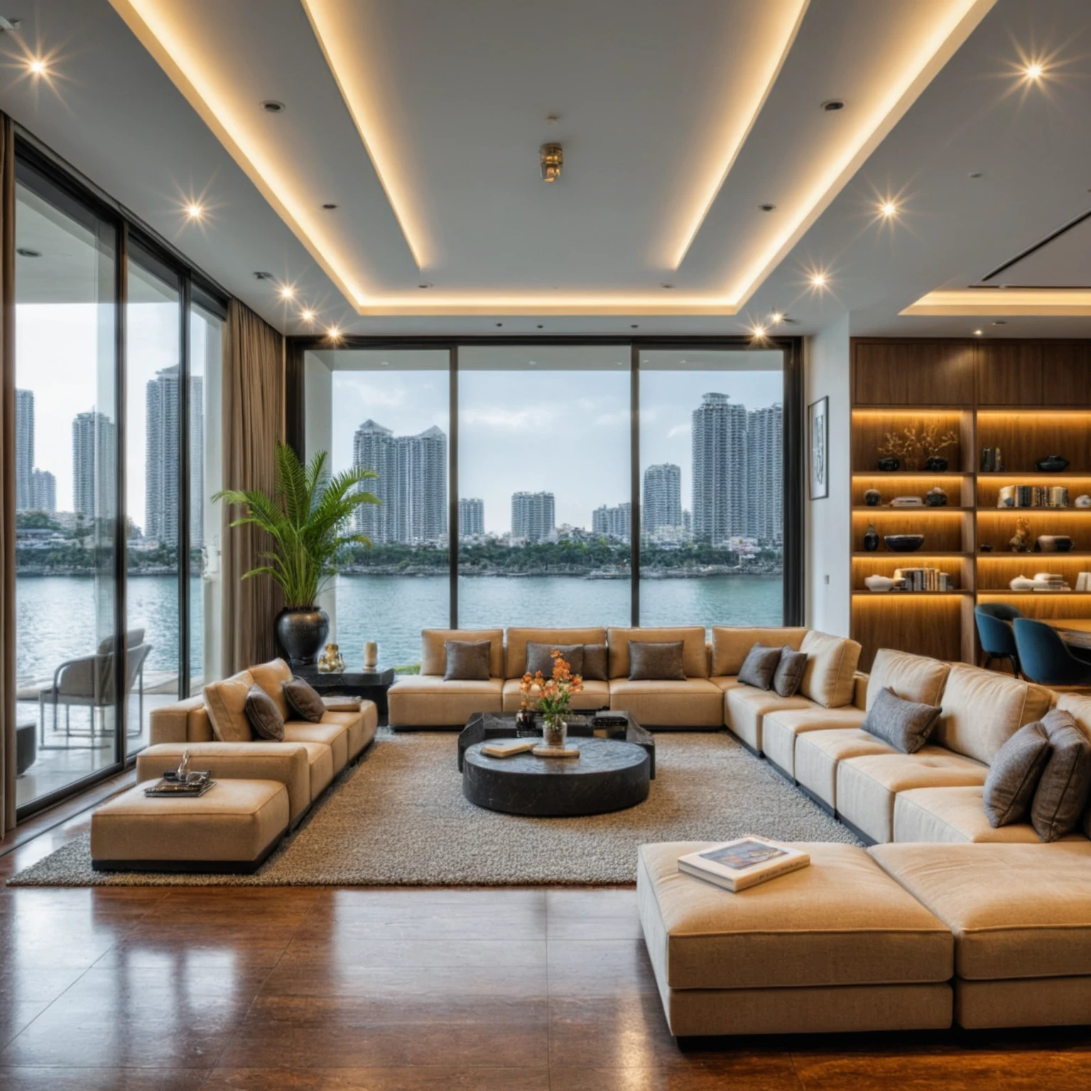 Raw photo,Masterpiece, high quality, best quality, authentic, super detail, interior, indoors, ((living room style modern luxury)), sunset, day light, sofa, table tea, carpet, cabinets, wood floor , chandeliers, windows view sea halong bay , curtains, downlight, (flower vase), decorative cabinets, wine bottles, ornaments, books,