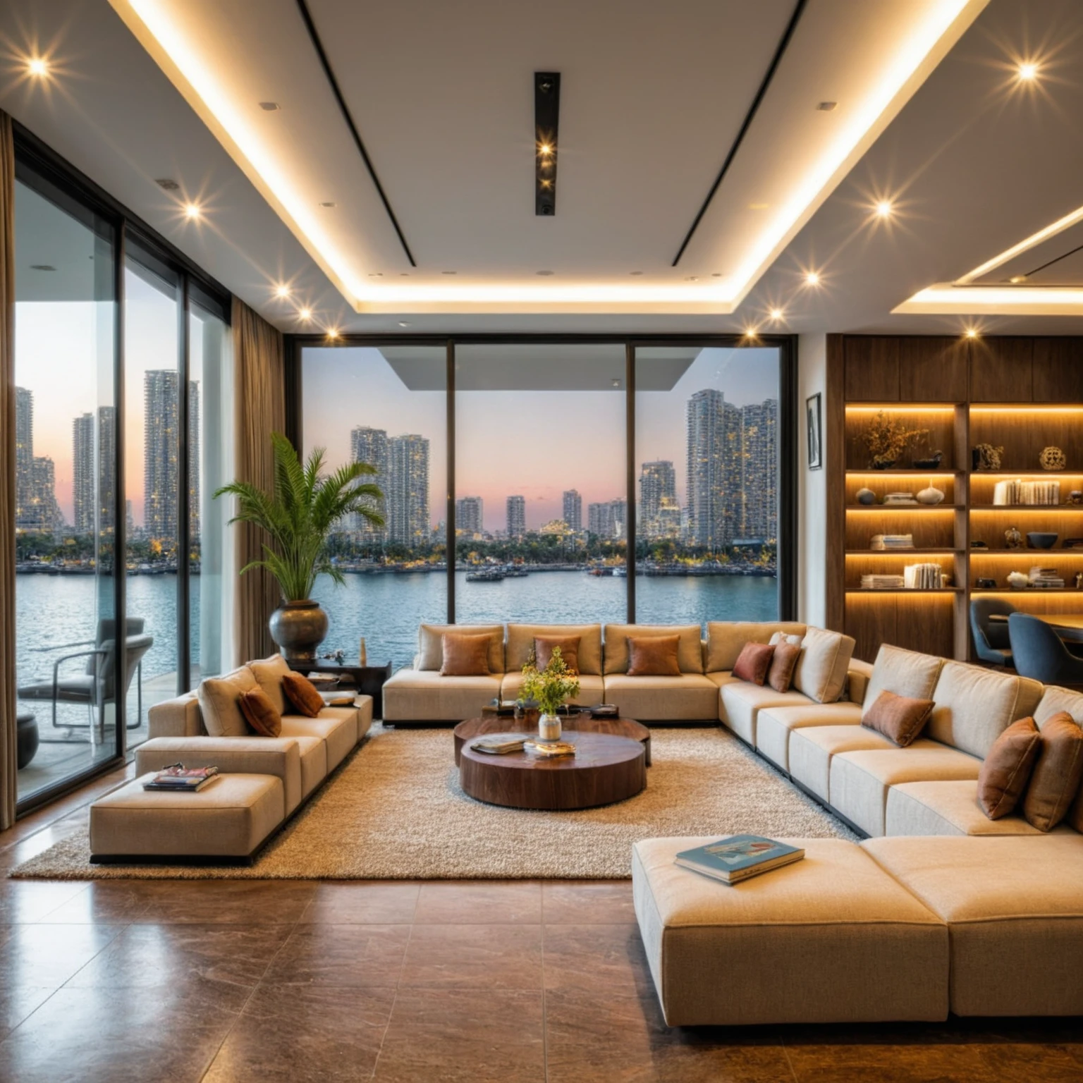 Raw photo,Masterpiece, high quality, best quality, authentic, super detail, interior, indoors, ((living room style modern luxury)), sunset, day light, sofa, table tea, carpet, cabinets, wood floor , chandeliers, windows view sea halong bay , curtains, downlight, (flower vase), decorative cabinets, wine bottles, ornaments, books,