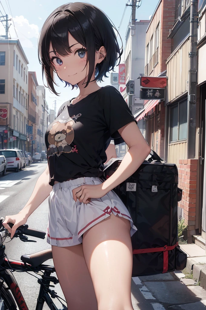 4K, (work of art), highest quallity, 2d, ((rebeld girl)), (teenage anime girl), (shirt cute, bear shirt, Punk Girl, in a bike, short hair with long bangs, heterochromatic eyes, ssmile, full height, clean eyes, black eyelash, (intrincado detalhado), dramatic, makoto shinkai