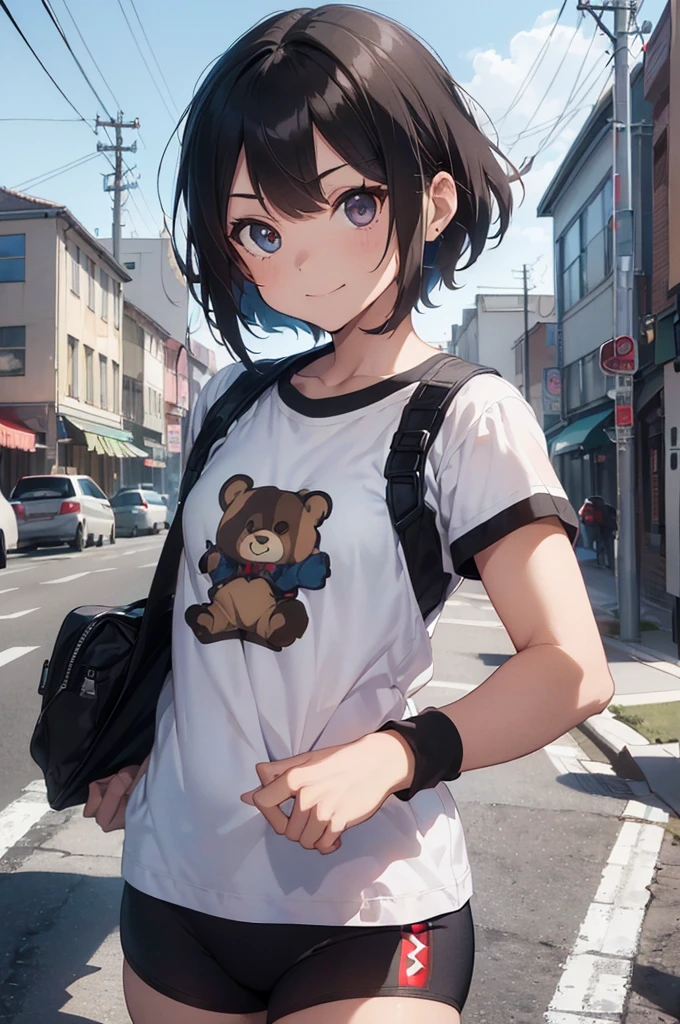 4K, (work of art), highest quallity, 2d, ((rebeld girl)), (age anime girl), (shirt cute, bear shirt, Punk Girl, in a bike, short hair with long bangs, heterochromatic eyes, ssmile, full height, clean eyes, black eyelash, (intrincado detalhado), dramatic, makoto shinkai