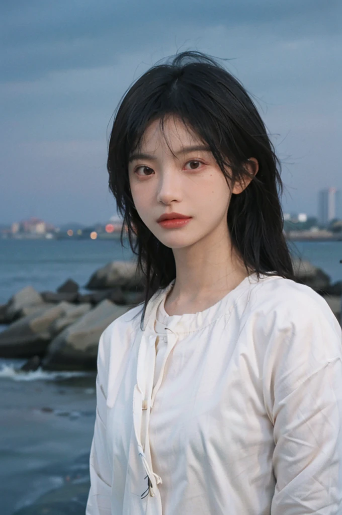 (Skin details:1.4), (Smooth skin texture:1.3), Direct vision, earrings, serene, calm, (Realistic and detailed eyes：1.2）, Natural skin texture, Realistic facial details, Soft dramatic lighting, Vivid details, 35 mm film, outdoor, (Photo actual:1.4), (hyper actual:1.4), (actual:1.3), (Smoother lighting:1.05), (Improve lighting quality:0.9), (Highest quality real skin textures:1.4), Exquisite eyes, Delicate face, (Close-up of face, (Enhance the beauty of skin texture:1.1), Hair details, Noble temperament, Normal body proportions, Seaside background, Portrait Photography, Depth of Field, Bokeh, Surrealism, Ray tracing, (Portrait Photography:1.1), Surrealism, high detail, chiaroscuro, ray tracing, reflection light, UHD, UHD, masterpiece, textured skin, super detail, high details, high quality, best quality