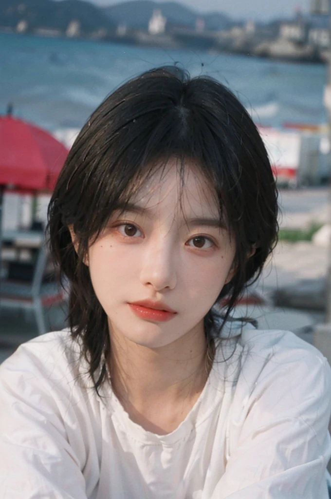 (Skin details:1.4), (Smooth skin texture:1.3), Direct vision, earrings, serene, calm, (Realistic and detailed eyes：1.2）, Natural skin texture, Realistic  details, Soft dramatic lighting, Vivid details, 35 mm film, outdoor, (Photo actual:1.4), (hyper actual:1.4), (actual:1.3), (Smoother lighting:1.05), (Improve lighting quality:0.9), (Highest quality real skin textures:1.4), Exquisite eyes, Delicate face, (Close-up of face, (Enhance the beauty of skin texture:1.1), Hair details, Noble temperament, Normal body proportions, Seaside background, Portrait Photography, Depth of Field, Bokeh, Surrealism, Ray tracing, (Portrait Photography:1.1), Surrealism, high detail, chiaroscuro, ray tracing, reflection light, UHD, UHD, masterpiece, textured skin, super detail, high details, high quality, best quality