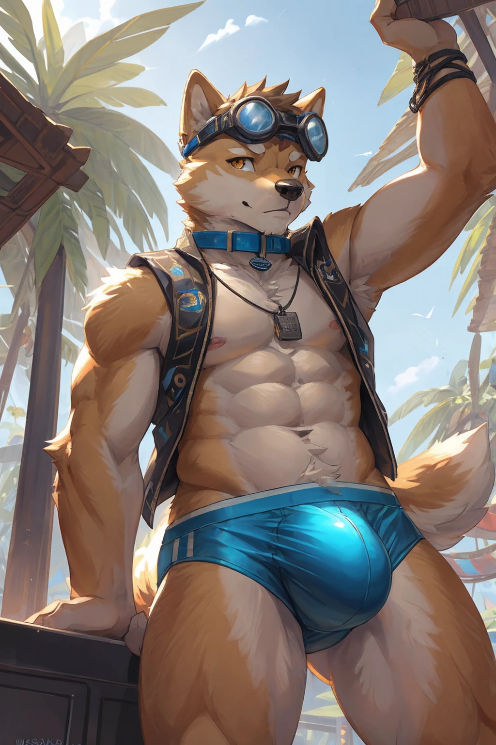(lower camera angle, dramatic pose, looking down at viewer), (masterpiece,high quality), solo,furry,mature male,male focus, (by waspsalad:1.1), by photonoko, by sallyhot, by skygracer:0.4, solo, (anthro,mature male boy shiba inu,(chibi:0.3), ((beige fur)), amber eyes), shiba inu tail, tropical island, cuberpunk mythology, (blue collar with pup tag), (blue goggles on head), (wearing blue speedo, ?????? bulge), male brown pubic hair
