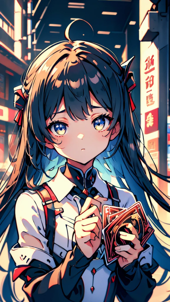 Cards,There are many cards floating in the sky,Girl holding cards,Girl holding a card,Fantasy style,Magic Style,Sci-fi style,Sci-fi style与Magic Style,A girl holding a card with many cards floating behind her,Girl holding a card between two fingers,Girl holding cards,Correct human body structure,Correct body proportions,Girl holding a card,Girl holding cards,The girl holds a card in her hand,Street background,现代Street background,现代都市Street background,Magic Style的背景,Modern urban background,Cards floating in the sky,Cards floating in the background,Upper body close-up,Close-up above the waist,背景中有很多Cards floating in the air,Cards floating in the air,Tarot cards floating in the air