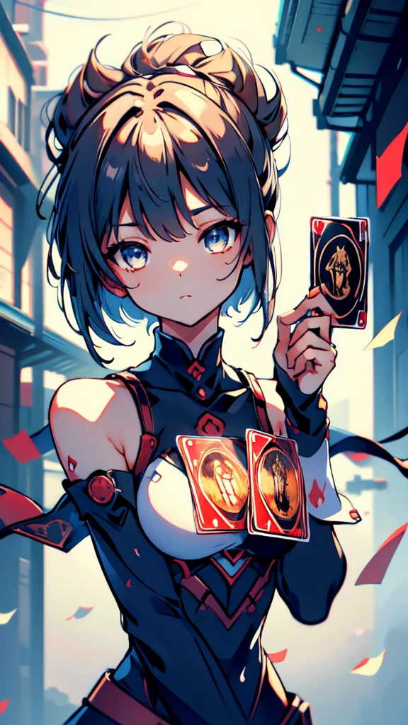Cards,There are many cards floating in the sky,Girl holding cards,Girl holding a card,Fantasy style,Magic Style,Sci-fi style,Sci-fi style与Magic Style,A girl holding a card with many cards floating behind her,Girl holding a card between two fingers,Girl holding cards,Correct human body structure,Correct body proportions,Girl holding a card,Girl holding cards,The girl holds a card in her hand,Street background,现代Street background,现代都市Street background,Magic Style的背景,Modern urban background,Cards floating in the sky,Cards floating in the background,Upper body close-up,Close-up above the waist,背景中有很多Cards floating in the air,Cards floating in the air,Tarot cards floating in the air