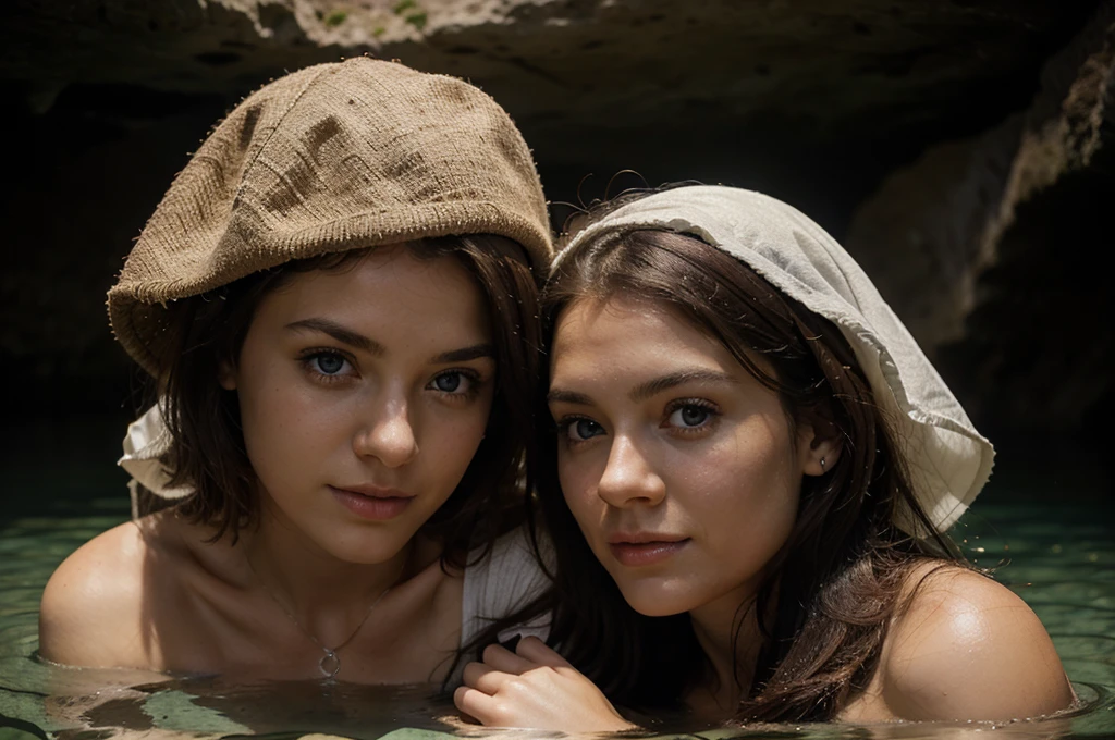 young white male and young white female hugging, looking at each other, faces inches apart, in a cave air pocket above an underground river, shoulders and above out of the water, no sunlight, no surface vegetation, no cavern exit, no cavern entrance, cavern wall background, low ceiling above heads, glowing mushroom lighting, realistic, hyper realistic, photo realistic, beautiful faces, nordic faces, detailed eyes, close-up, intimate, romantic mood, out of breath, relieved expressions,