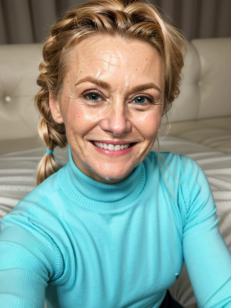 photo of a skinny very old wrinkly-faced faced mature blonde messy long hair thrown into a messy bun ponytail. She wears: (turtleneck soft high ribbed bright turquoise super tight sweater:1.1), submissive seductive pose, high tight ribbed neck, seductive smile, perfect fake tits, horny eager granny, teasing sexy old lady, cum on her face, drenched in cum facial