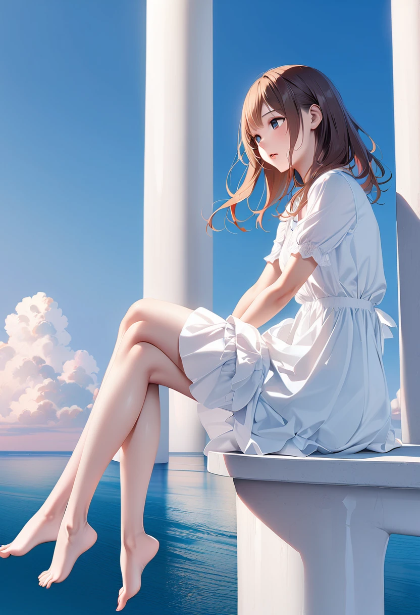 One Girl、Highest quality、masterpiece、Perfect Anatomy、Girl sitting on a pillar、A thin pillar stretching high into the sky、Mysterious cylindrical pillar、Height 100m、Sea、horizontal line, blue sky、Sitting cross-legged、Hair blowing in the wind、Brown Hair、Girl staring into the distance、White clothes、barefoot、Shooting from the air、Clouds spreading below、Full body angle、sea of clouds