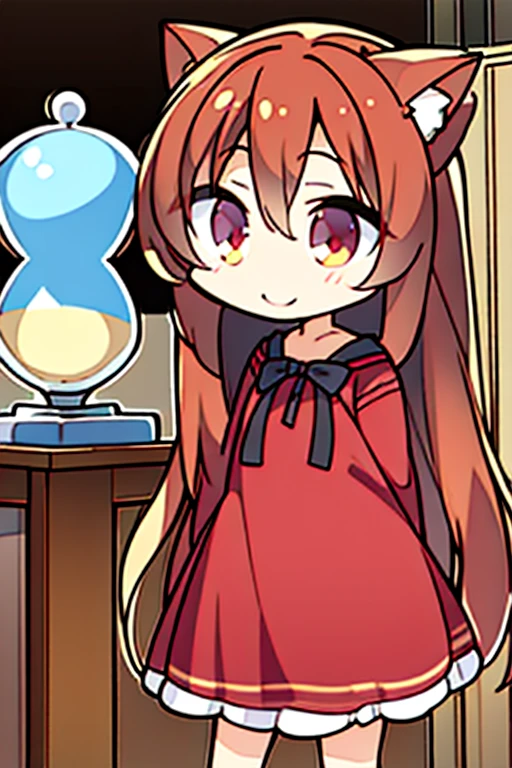 A red haired fox woman with a left red eye and right blue eye with an hourglass figure with red fox ears and a red fox tail in a cute summer dress is shopping at a dress store with a big smile