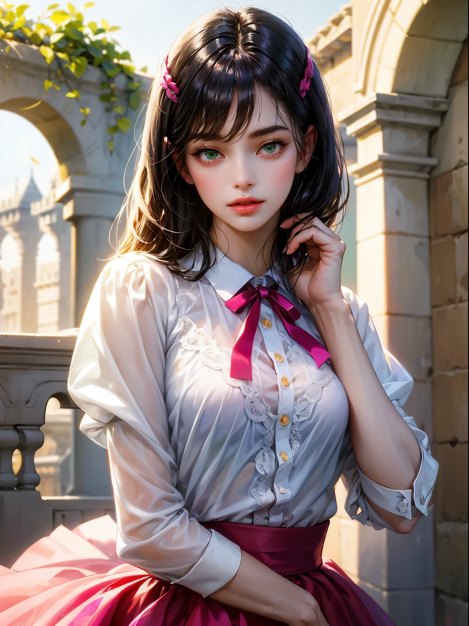 A girl, small breast. She wears a white shirt with a fuchsia ribbon