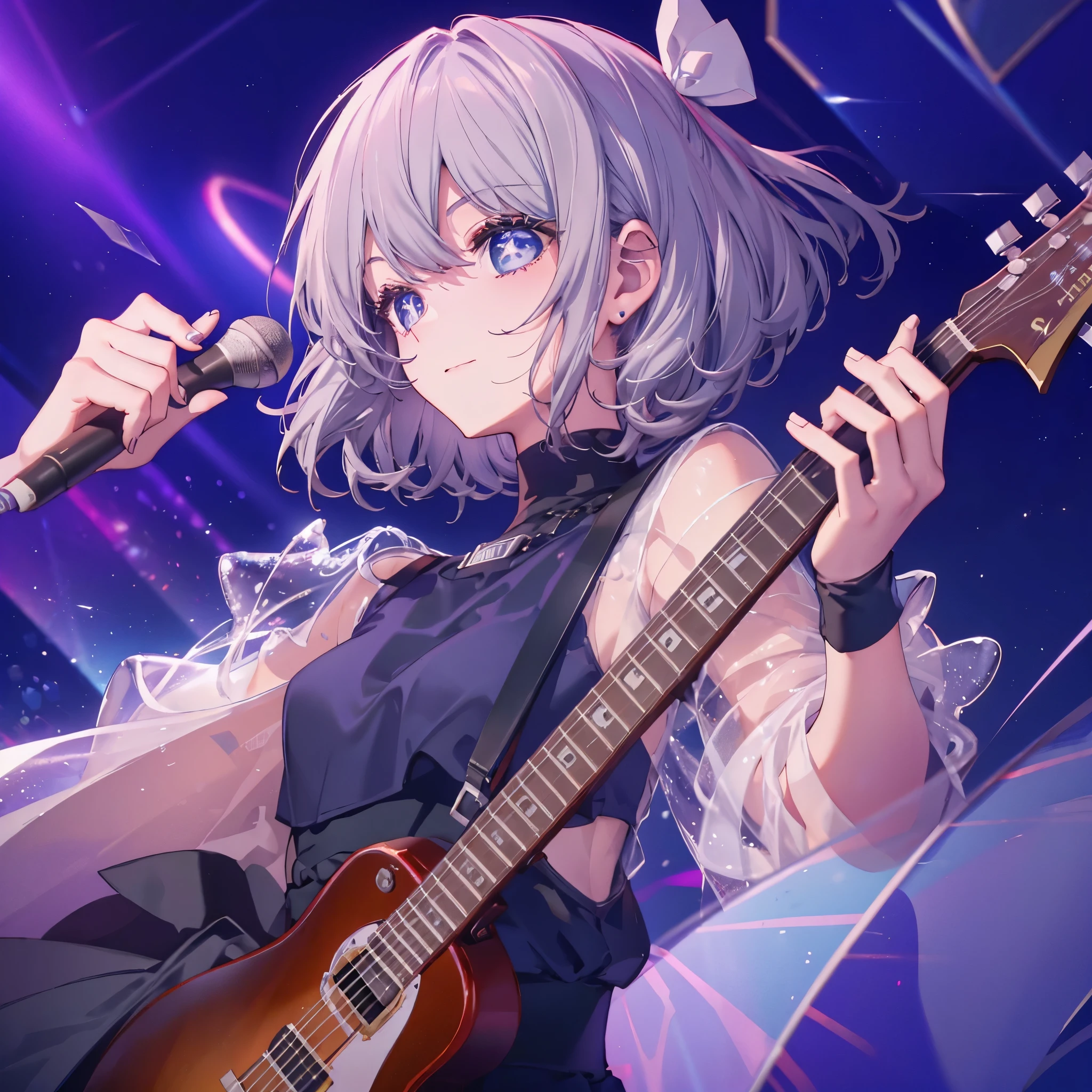 (((1 person　Gray Hair　dress　singer　blue eyes　There is a microphone stand in front of you.)))　((High resolution　short hair　青いdress　Black Skirt　Rin々Funny face))　((Close-up))　((Sing a song　Shining Aura　On stage　Guitar solo))　(smile　Exposure to blue light)　Shining Background　Shining Edge