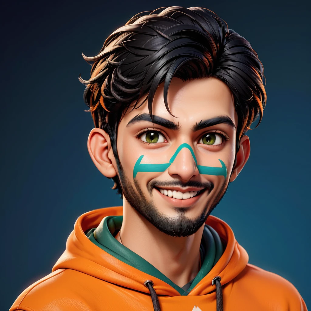 Create a cartoonish caricature 3D animation of a big-headed. a 25 years old Pakistani man. She has short black pixie cut hair. His face is oval with smooth lines, thick and neat black eyebrows, normal eyes, a small, sharp nose, and thin lips with a wide, friendly smile. He wore a dark green hoodie over an orange t-shirt. Gradient blue background. masterpiece, top quality, highly detailed skin and face, ultra-realistic, high definition, sharp focus, Concept Art.