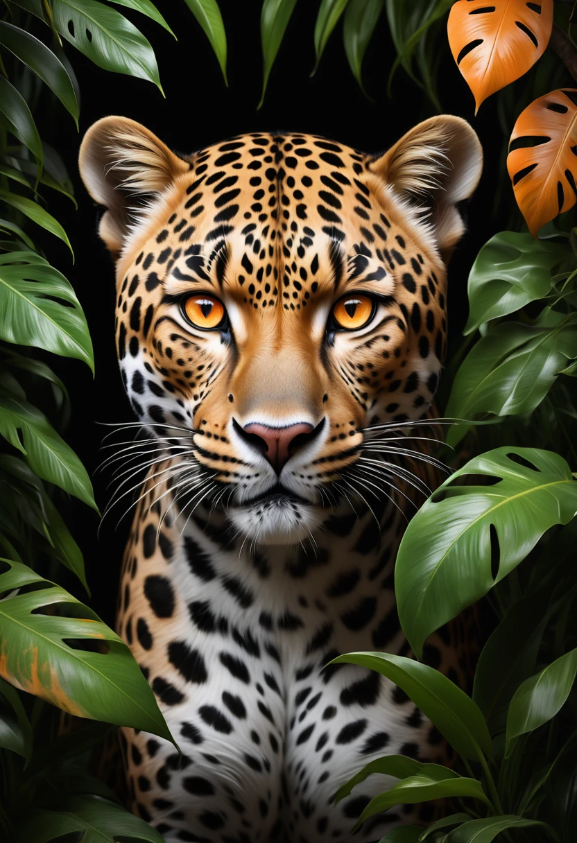 Lush plants,A fierce leopard in the jungle,1leopard,orange piercing eyes,black and white,dark background,photorealistic,realistic,high quality,high resolution,ultra detailed,masterpiece,studio lighting,cinematic lighting,dramatic lighting