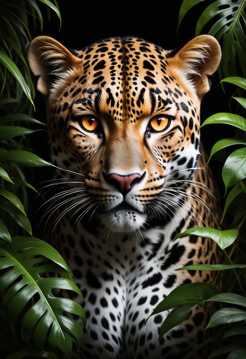 Lush plants,A fierce leopard in the jungle,1leopard,orange piercing eyes,black and white,dark background,photorealistic,realistic,high quality,high resolution,ultra detailed,masterpiece,studio lighting,cinematic lighting,dramatic lighting