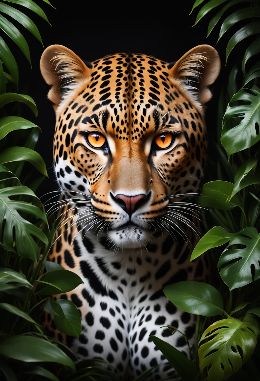 Lush plants，A fierce leopard in the jungle,1leopard,orange piercing eyes,black and white,dark background,photorealistic,realistic,high quality,high resolution,ultra detailed,masterpiece,studio lighting,cinematic lighting,dramatic lighting