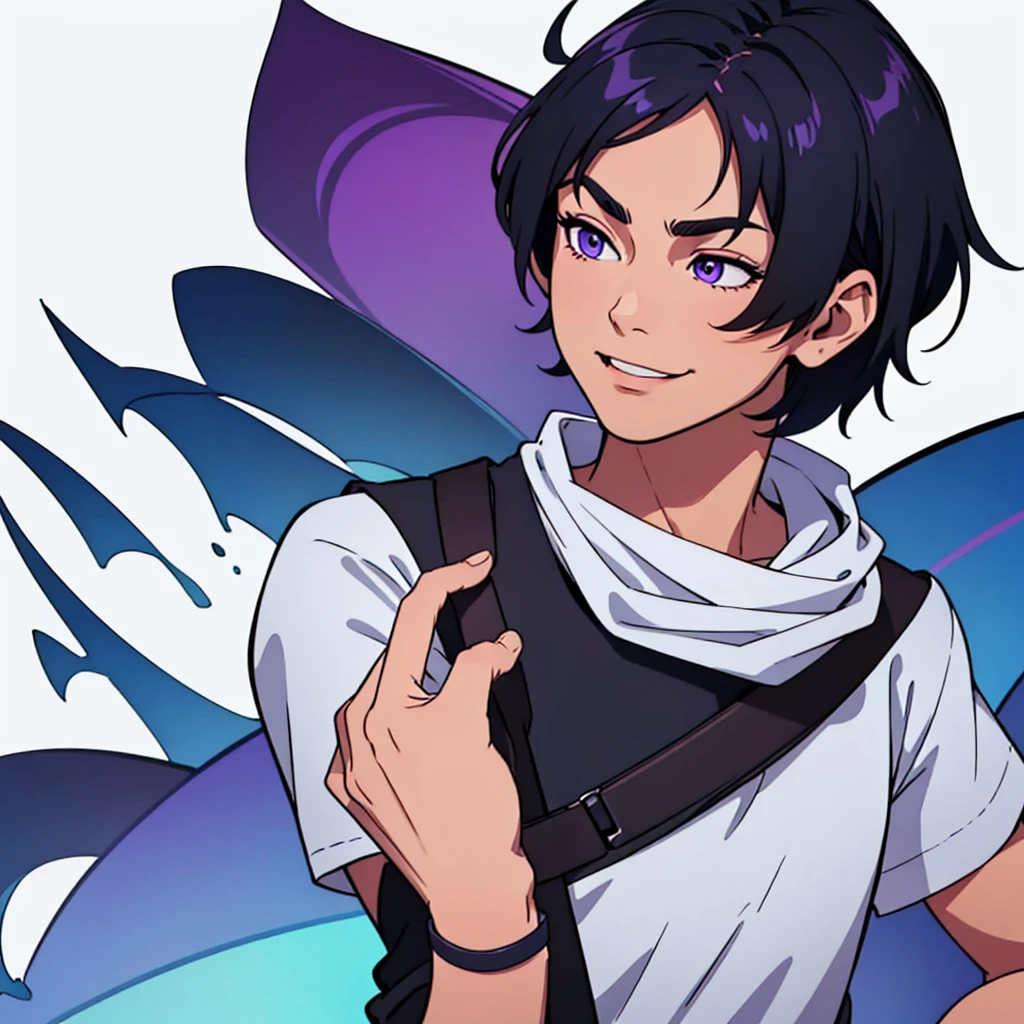 full face visible, looking towards camera, looking forward, short black hair, highres, high resolution, masterpiece, wide purple eyes, talking, neutral face, confident, masterpiece, best quality, highres, 1 man, 1 person, 1 entity, Baro Shoei blue lock, extremely short hair, black hair, short hair, teenager, colorful hair, light background, full body, teenager, colorful parts, symbols, dark , bold, realistic mixing dark lines and loose lines, bold lines, on paper, human man, masculinem male, man, full body, imposing pose, stylish outfit, dark theme, handsome, attractive, boastful, standing, male, sharp chin, wide jaw, square face, white background, highres, high resolution, masterpiece, full face visible, looking towards camera, looking forward, talking, speaking, mouth open, laughing, laughing a lot, smiling, happy, eyes closed, eyes shut, eyes gone, both eyes closed , both eyes gone, both eyes disappeared