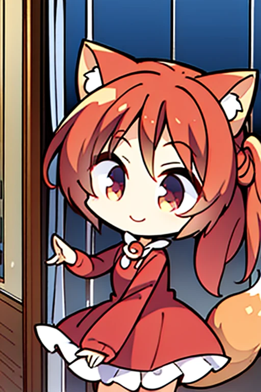 A red haired fox woman with a left red eye and right blue eye with an hourglass figure with red fox ears and a red fox tail in a cute summer dress is shopping at a dress store with a big smile