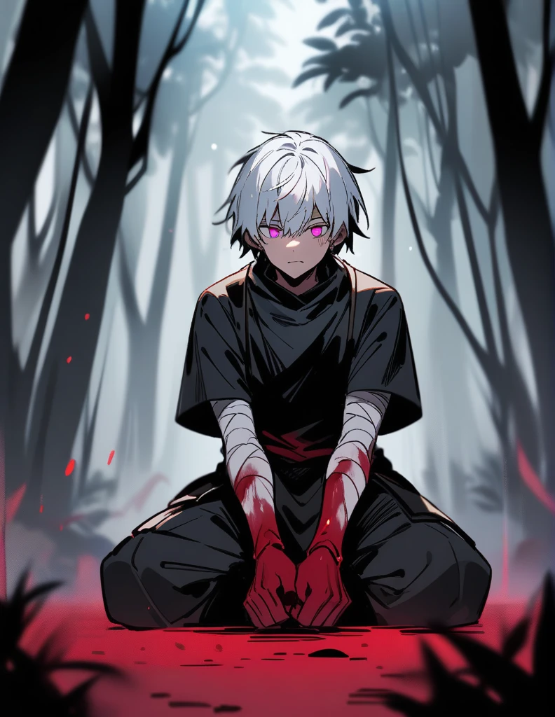 young black boy with white hair, violet eyes, kneeling on the ground with his fists bandaged and covered in blood, in a red raining forest