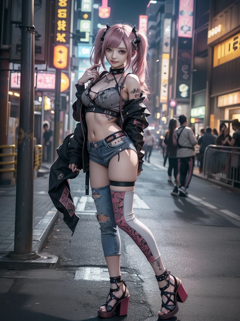 (Full Body View:1.1)、(Side view:1.1)、(Beautiful face:1.3)、(Smiling with teeth showing:1.3),(Shibuya Gal:1.5)、(Beverly Hills Whore:1.4)、(Neo-goth fashion:1.5)、(Punk RockVisual Kei:1.4)、(Modern white and red Barong:1.5)、(Tattered brown and charcoal denim bugle pants:1.5)、(Mustard Yellow Headband:1.3)、(Charcoal and khaki high heels:1.4)、collar、(We sell patterned underwear with logos.:1.4)、20-year-old、Browsing Caution,((Highest quality、In 8K、masterpiece:1.3))、Sharp focus:1.2、(Layered Cut、Huge breasts:1.1),Beautiful woman with perfect figure:1.4、(Doing an aerobics pose:1.3)、Slim Abs:1.2、Butt、Highly detailed face and skin texture、Fine grain、double eyelid,(Twin tails:1.3)、(Pink Hair:1.3)、Obscene、Idol Sculpture、(A luxurious amusement park at night:1.3)、(Slimming your legs:1.4)、(The body is slim:1.3)、(clavicle:1.1)