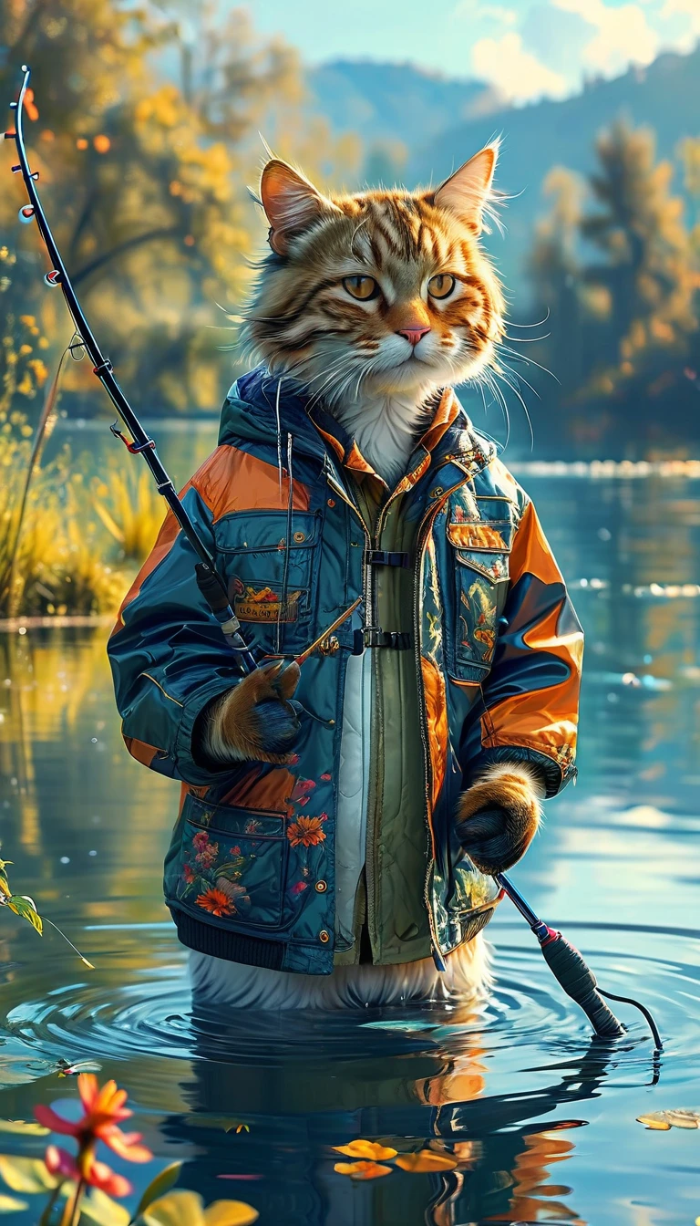 A fifty-year-old cat wearing a jacket and holding a fishing rod fishing in a lake, Beautiful digital art, Wear Fisherman's 🧥, Adorable digital painting, Cute and detailed artwork, A wonderful work of art, Beautiful artwork, Amazing digital art, Cute and detailed digital art, Highly detailed digital artwork, Amazing artwork, 細部までこだわったAmazing digital art, Amazing artwork, Stunning photorealistic concept art, Amazing digital illustrations