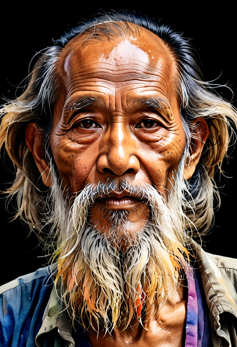Watercolor image of the face of an old Thai man with a long, messy beard.