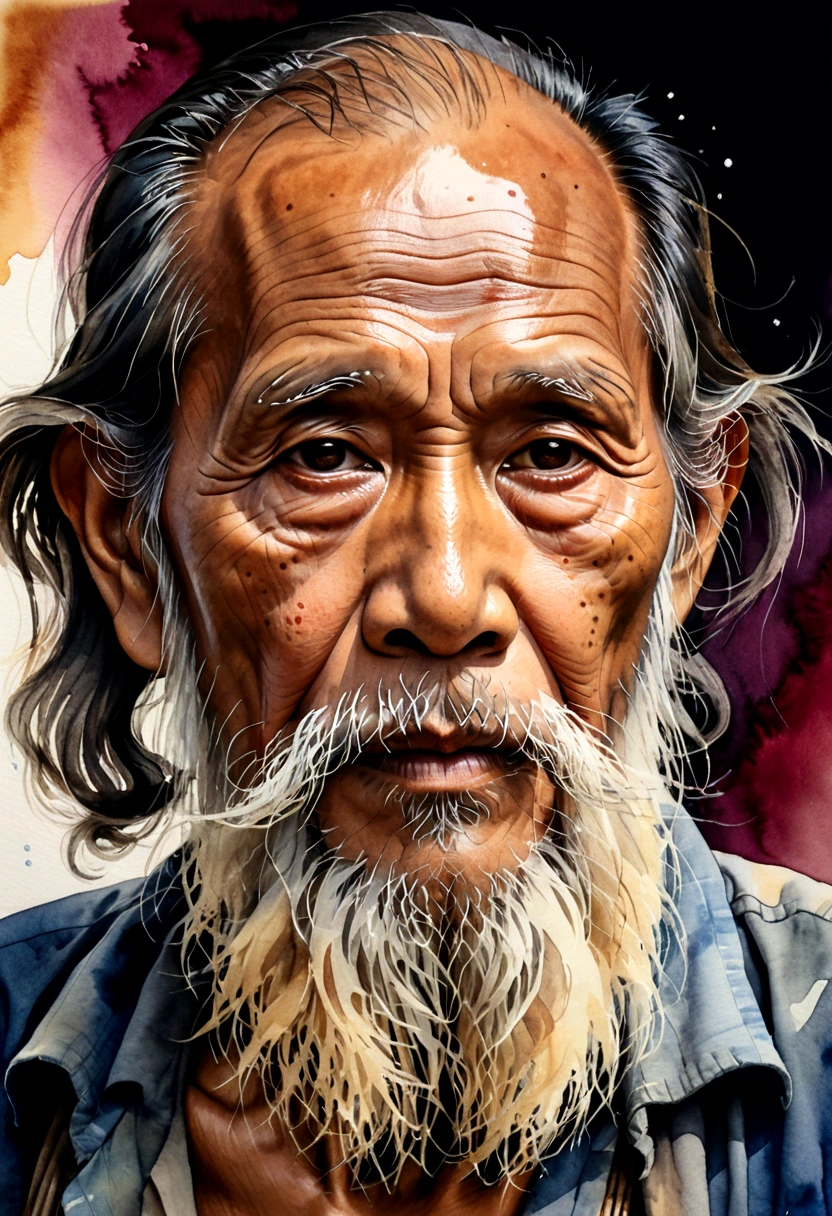 Watercolor image of the face of an old Thai man with a long, messy beard.