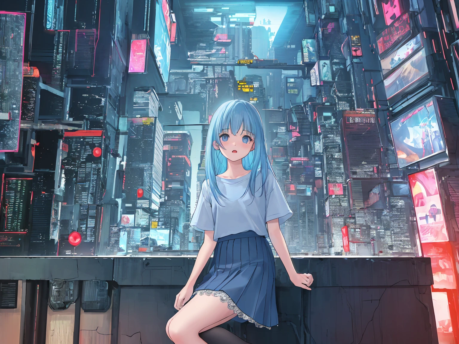 (masterpiece:1.2), best quality, highres, original, (extremely detailed:1.2), ultra-detailed, wallpaper, perfect lighting,(extremely detailed CG:1.2), 8k, anime illustration, 1boy, cross-dressing, femboy, long hair, light-blue hair, (cyberpunk fashion, short-sleeved T-shirt, knee-length skirt, lace hemline, delicate clothes:1.2),looking at viewer, frontal, futuristic city background, sci-fi city, (anatomically correct: 1.3)