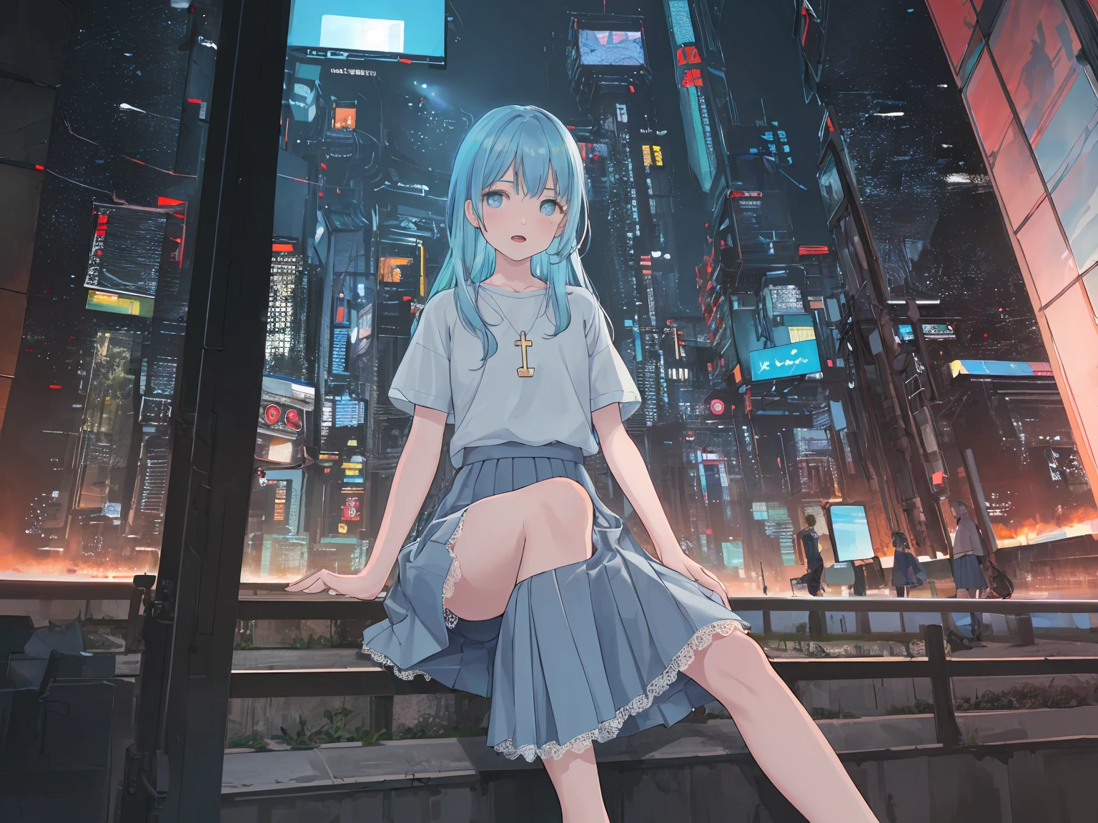 (masterpiece:1.2), best quality, highres, original, (extremely detailed:1.2), ultra-detailed, wallpaper, perfect lighting,(extremely detailed CG:1.2), 8k, anime illustration, 1boy, cross-dressing, femboy, long hair, light-blue hair, (cyberpunk fashion, short-sleeved T-shirt, knee-length skirt, lace hemline, delicate clothes:1.2),looking at viewer, frontal, futuristic city background, sci-fi city, (anatomically correct: 1.3)